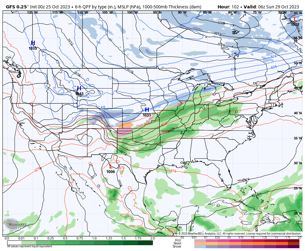 GFS 0z run showing 6-hour precipitation intensity from Sunday through Tuesday.