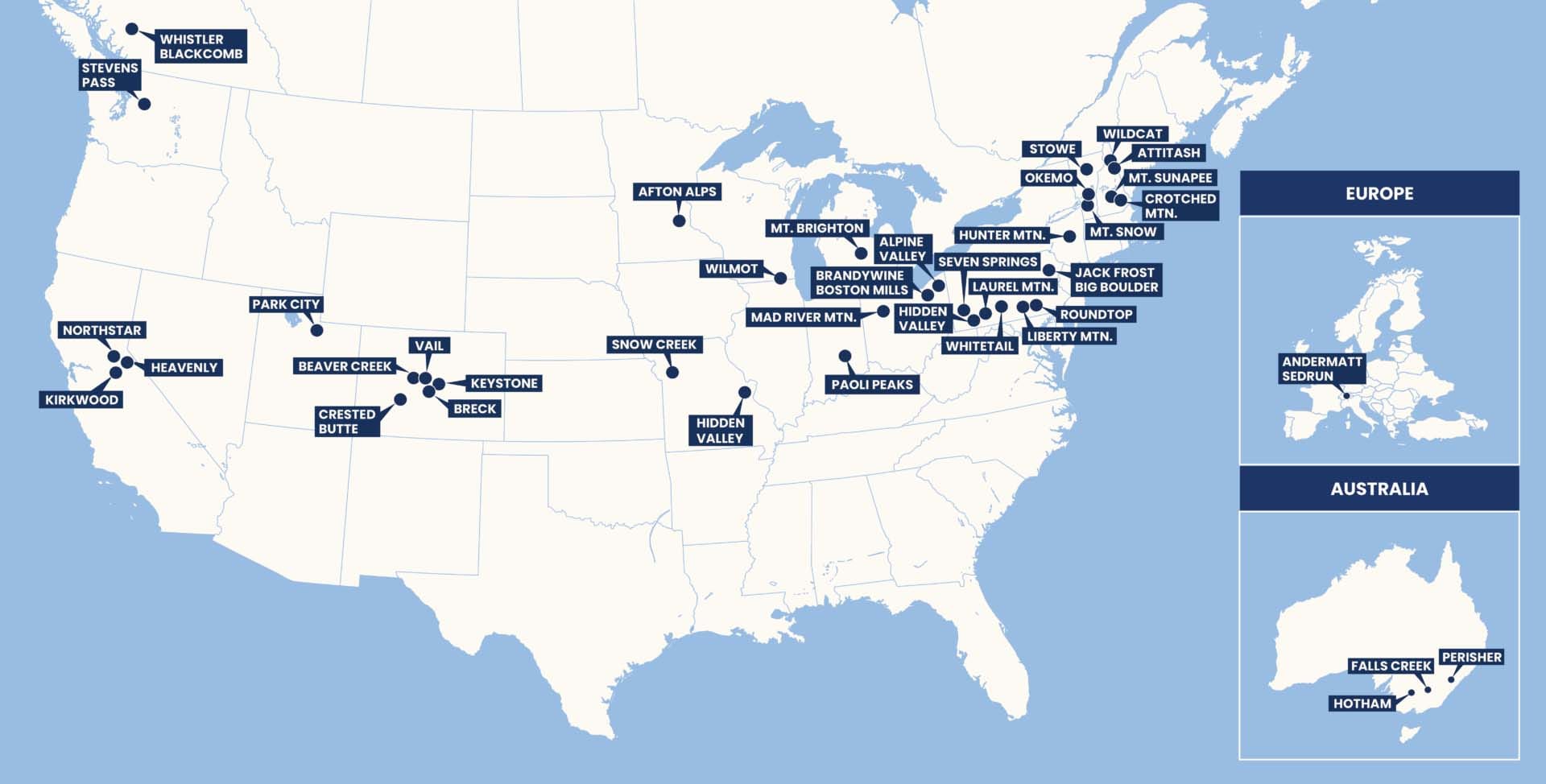 Vail Resorts properties across the globe as shown on their website.