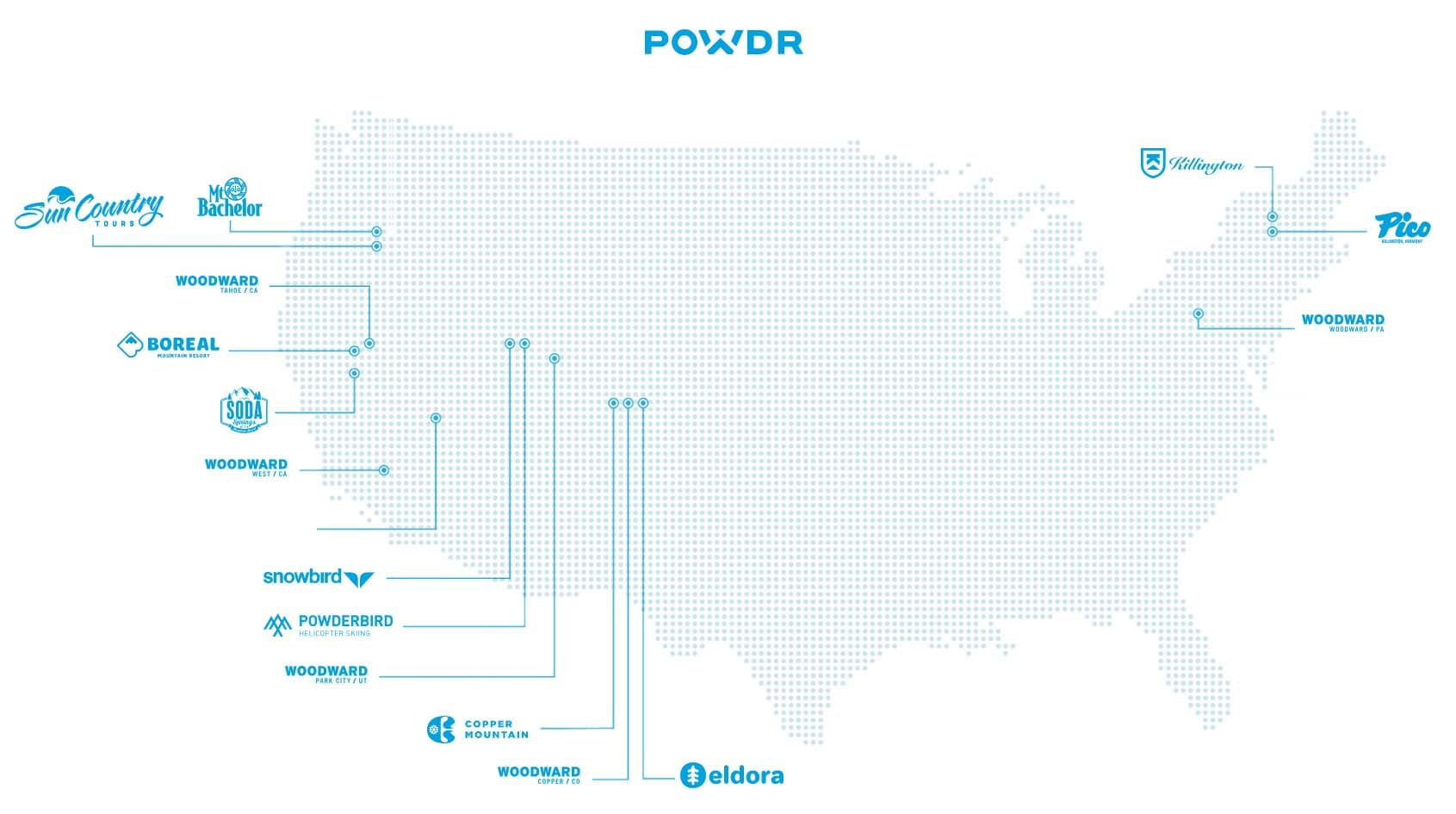 POWDR's ski properties across the United States.  Not shown are SilverStar in British Columbia, and a Woodward facility being built in Australia.