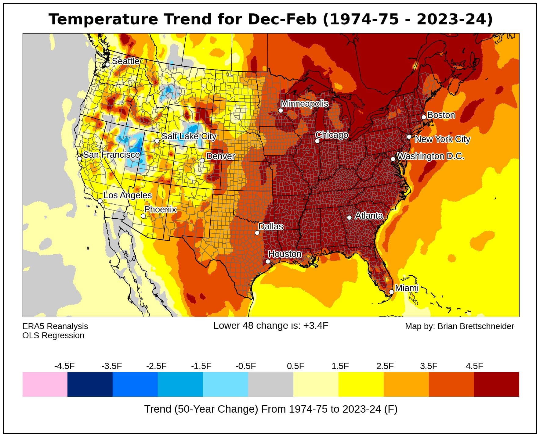 50 year temperature trend for winter provided by Brian Brettschneider.