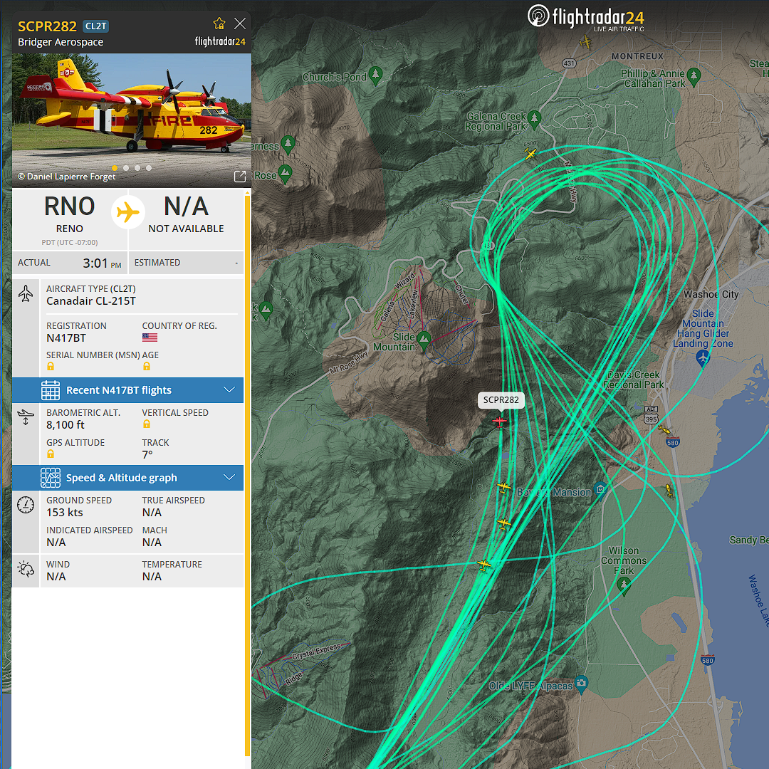 Flightradar24 map showing the 4 super scoopers flying in unison to focus efforts on Slide Mountain.