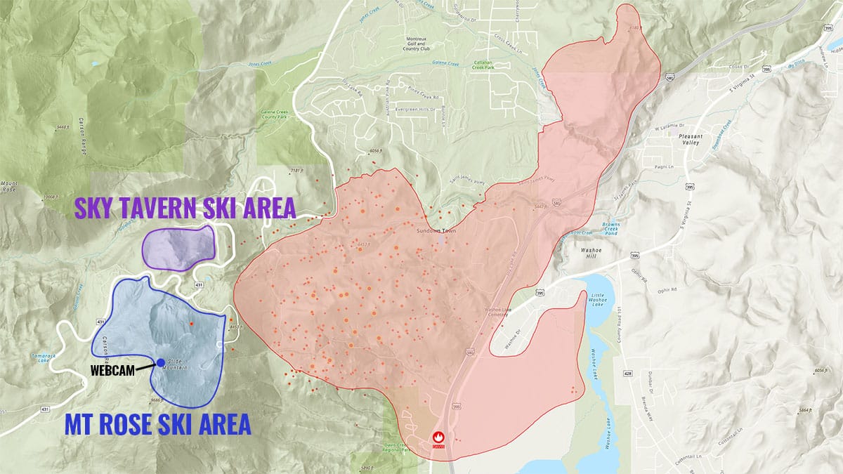 The perimeter of the burn from the Davis Fire as of Monday evening with ski areas and the webcam on the summit of Slide Mountain annotated.