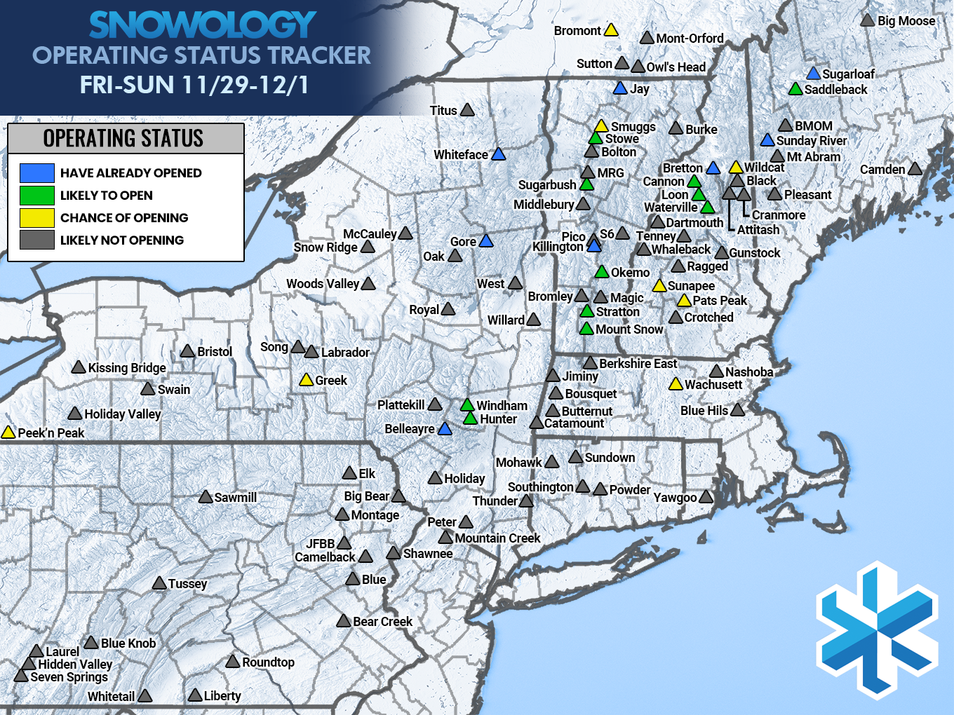 Snowology's estimates for ski areas opening by Sunday, however most that open will do so by Friday or Saturday.