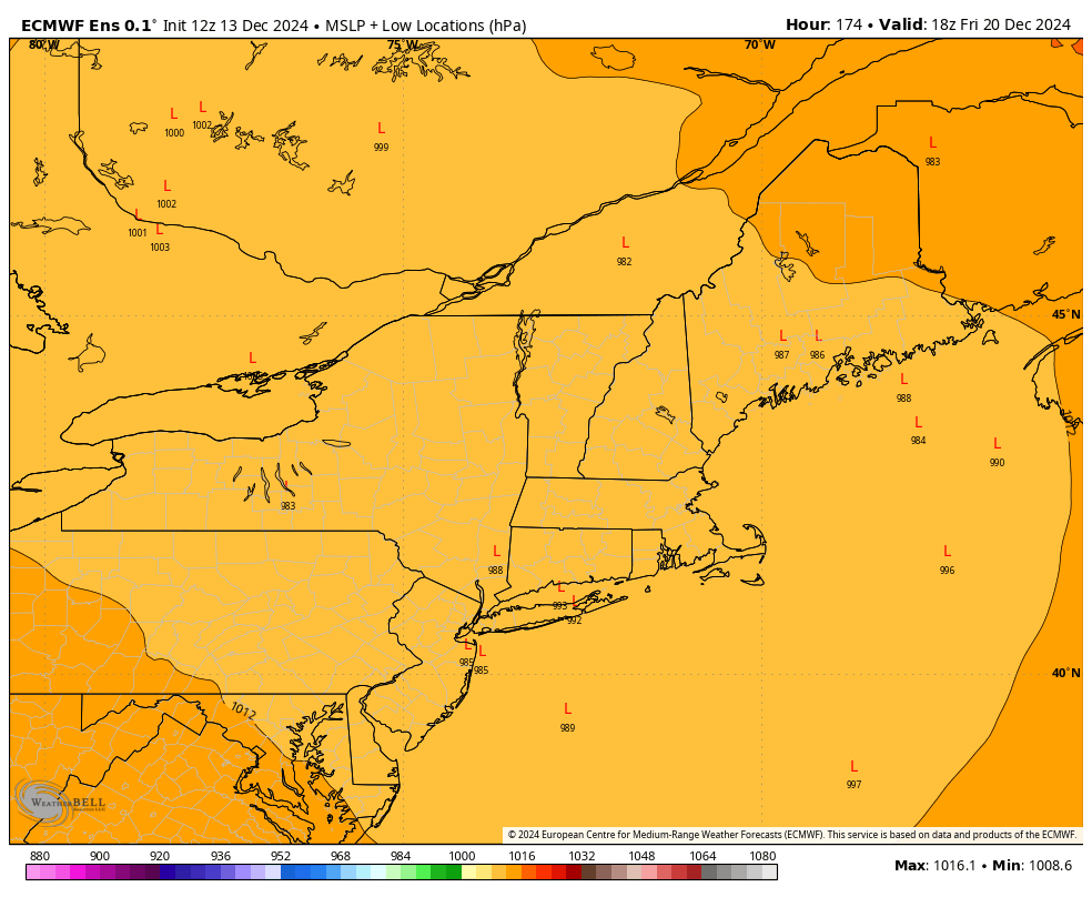 ECMWF Ensemble low locations show a very wide spread and therefore low confidence in deterministic model runs.