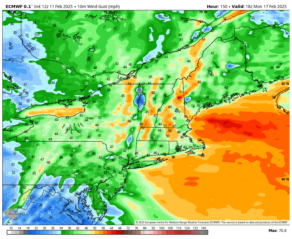 ECMWF modeled wind gusts on Monday at 1PM.  This model may have the storm too strong.