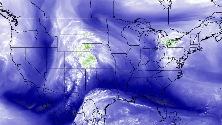 GOES-16 water vapor satellite imagery showing the storm forming in the Great Plains.