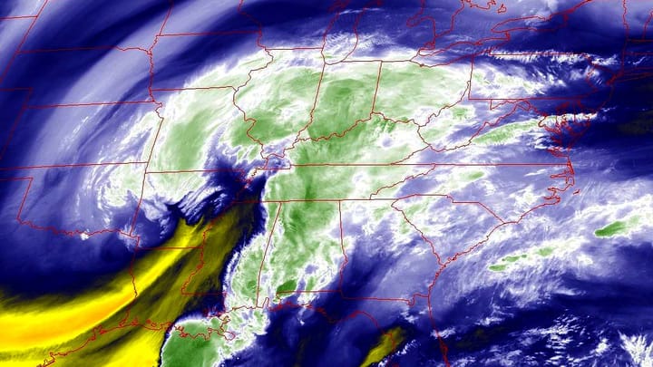 GOES-16 water vapor satellite imagery from this morning showing the storm maturing in the Ohio River Valley 