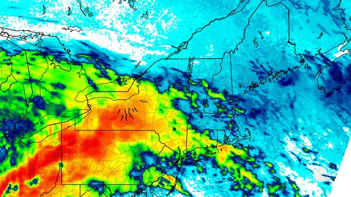 Simulated infrared satellite imagery from the NAM3K weather model.