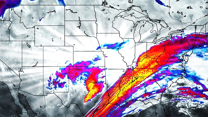 Artistic rendering of simulated infrared satellite imagery from HRRR model. 📷 Pivotal Weather