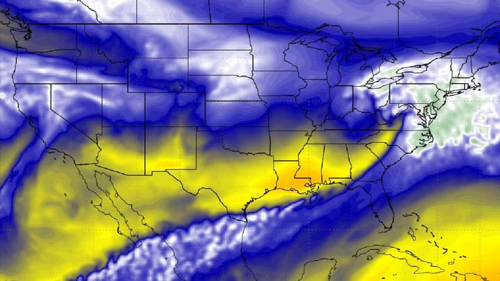 Artistic rendering of simulated water vapor satellite imagery from ECMWF model. 📷 Pivotal Weather