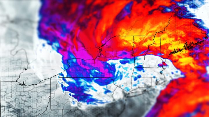 Artistic rendering of simulated infrared satellite imagery for Sunday.